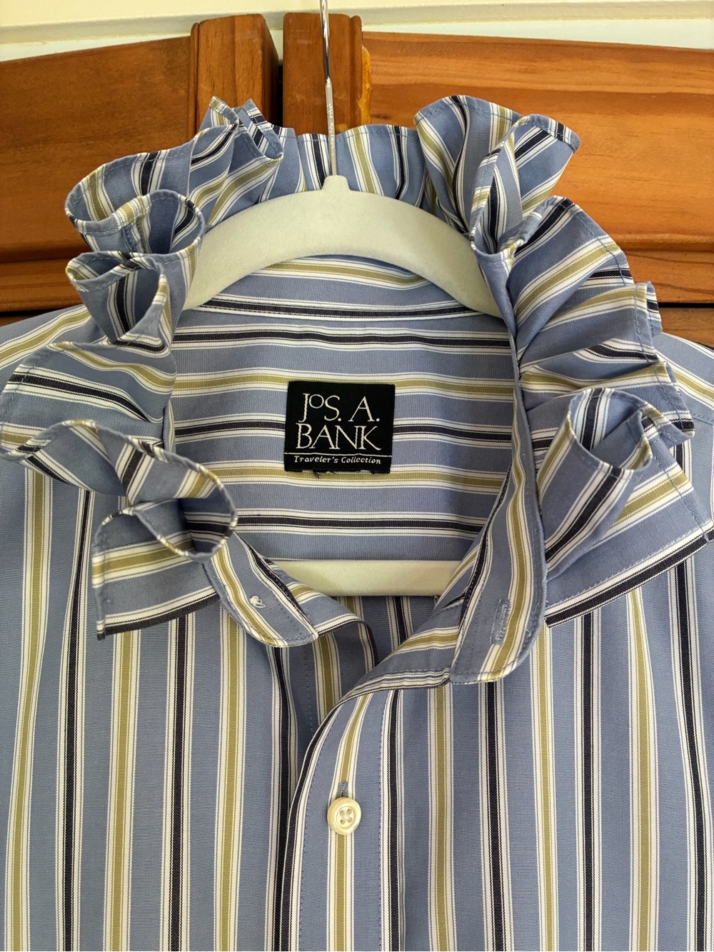 Jos. A. Bank Blue, White & Yellow Striped Button-Front Shirt ruffle collar - Picture 6 of 6